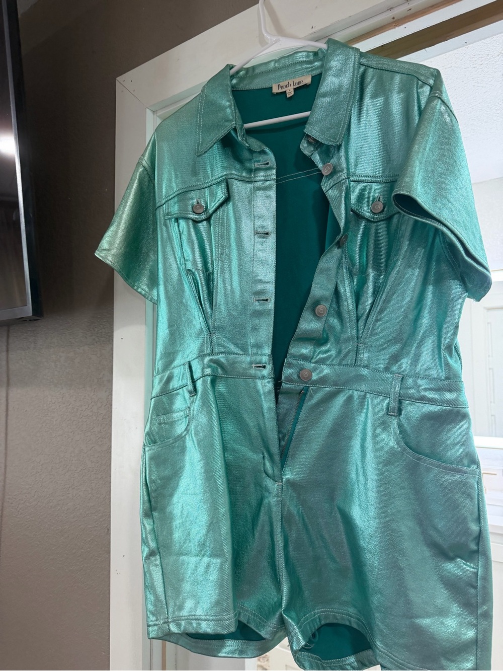 Peach Love California Metallic Teal Button-Up Top